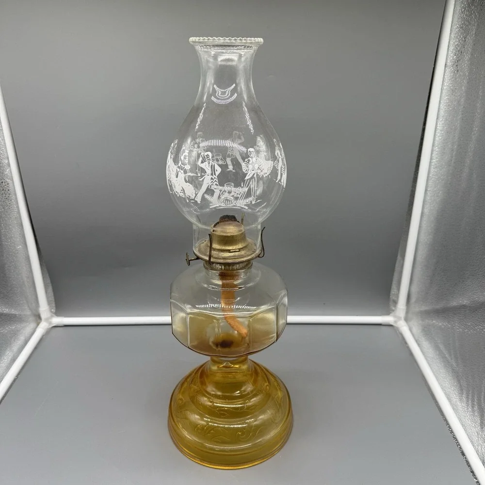 Vintage Amber Glass Oil Lamp Dancing Couple Etched Hurricane Lamp Kerosene Decor